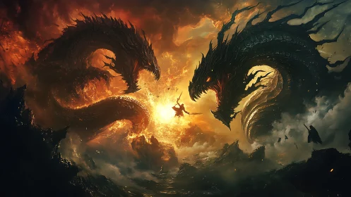 Firestorm dragon colossus encircle lone airborne warrior.