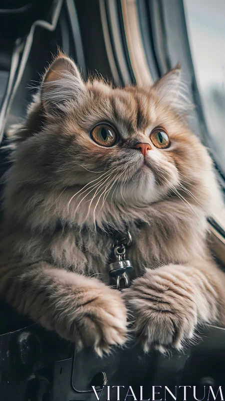 Fluffy cat with striking amber eyes sits in vehicle window
