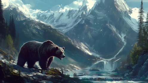 Brown bear in alpine valley with snowy mountains and lake.