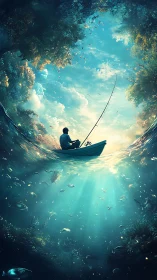 Solitary fisherman above luminous underwater dreamscape.