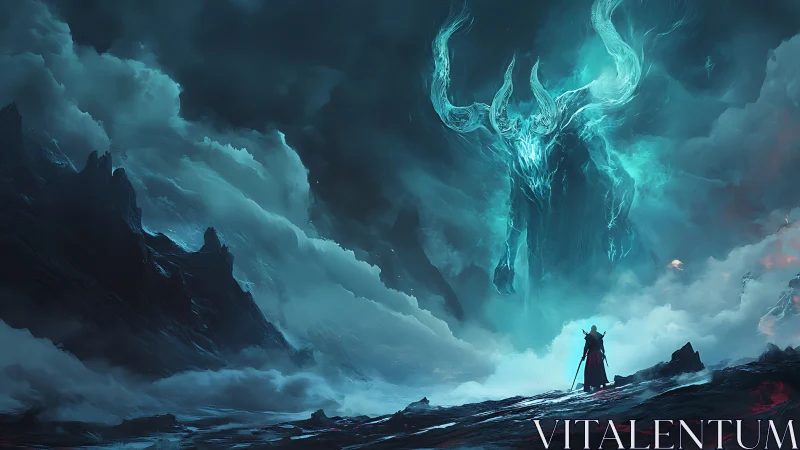 Lone cloaked warrior confronts vast glowing horned spirit