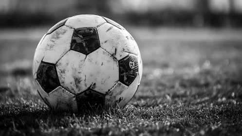 Weathered soccer ball resting on grass field in focus.