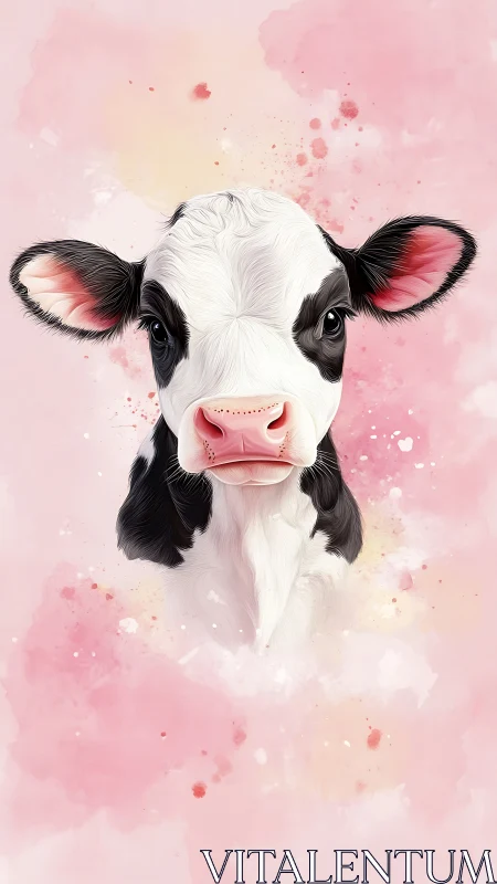 Holstein calf portrait against soft pastel pink background
