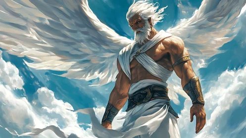 Storm-browed sky guardian draped in sunlit marble clouds.