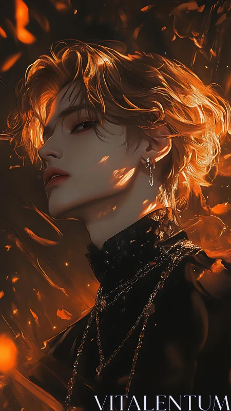 Golden lit portrait of androgynous figure in dark attire.