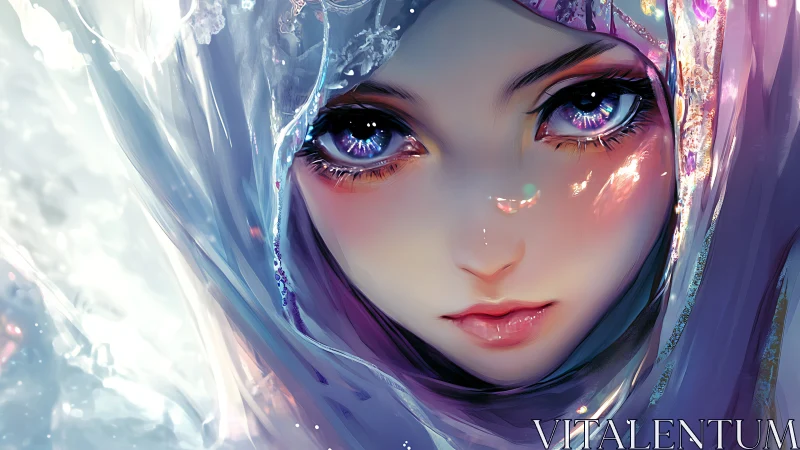 Close portrait of veiled anime girl with luminous eyes.