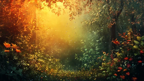 Enchanted forest glade bathes wildflowers in golden light