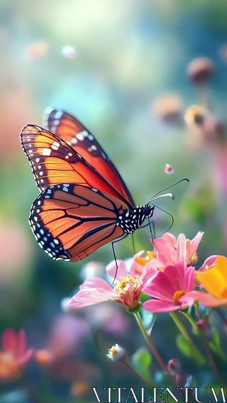 Digital painting of monarch butterfly on soft-focus florals.