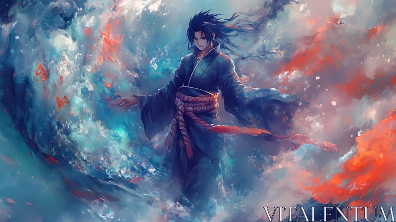 Storm-wreathed swordsman adrift in swirling cosmic surf.