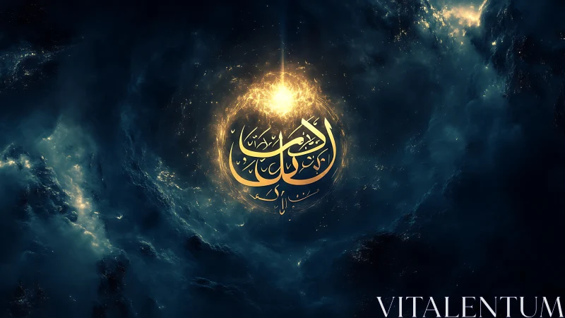 Golden Arabic calligraphy glows within a swirling cosmic storm