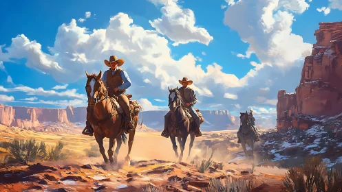 Cowboys on horseback traverse arid canyon landscape scene.
