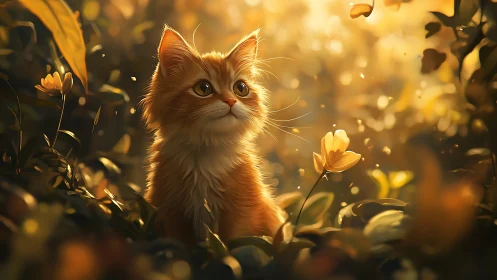 Golden hour ginger cat in sunlit garden with yellow flowers.
