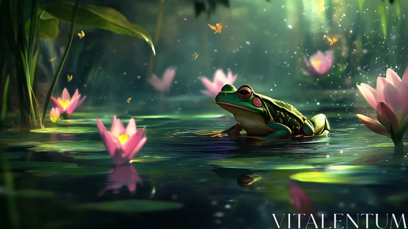 Emerald frog rests among glowing lilies and drifting light.
