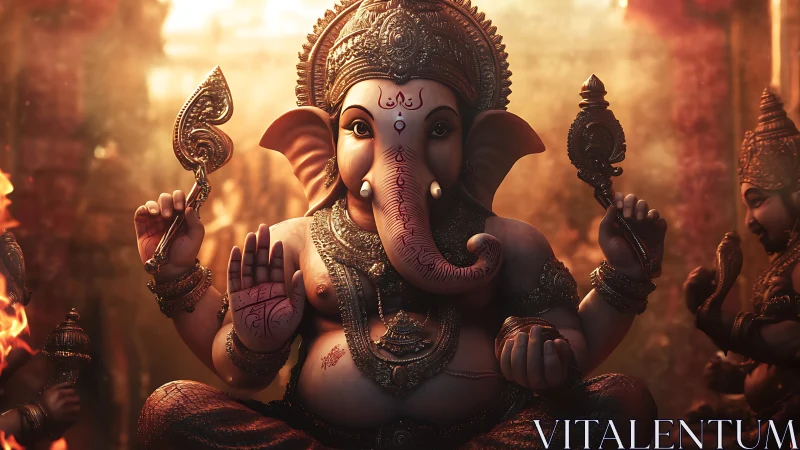 Digital Ganesha idol in warm ceremonial temple light.