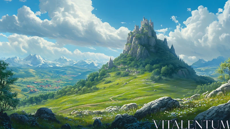 Hilltop fortress overlooks expansive valley landscape