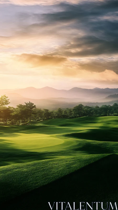Sunrise fairway waves under whispering mountain light.
