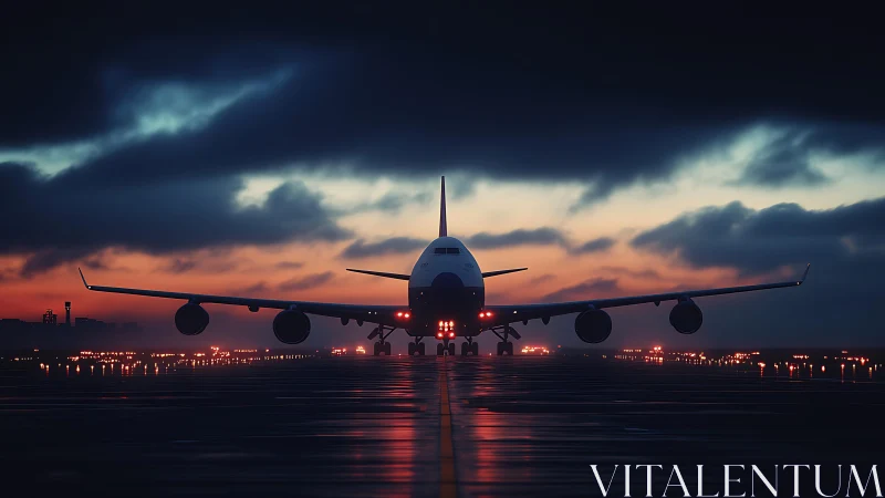 Widebody airliner awaits night takeoff under stormy dusk sky.