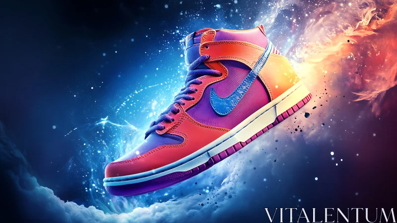 High-top sneaker rendered in luminous nebula-like background