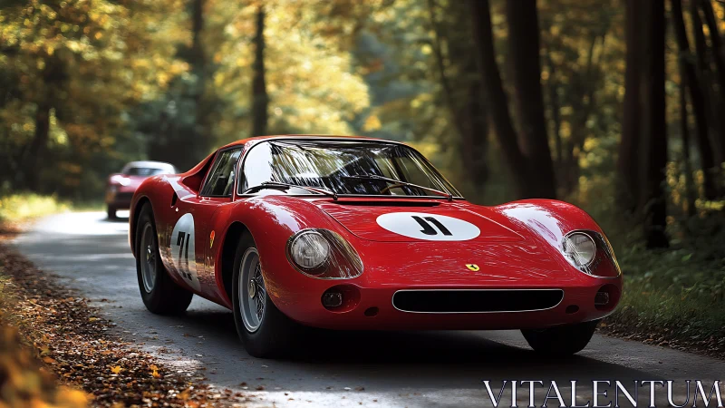 Scarlet forest sprint: vintage racer prowls autumn road.