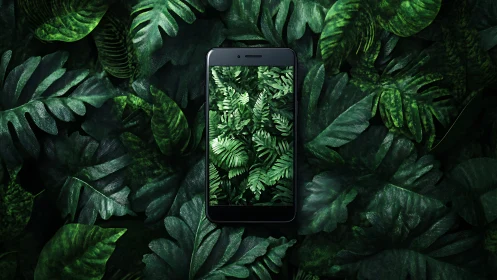 Smartphone lies in lush jungle leaves evoking digital nature