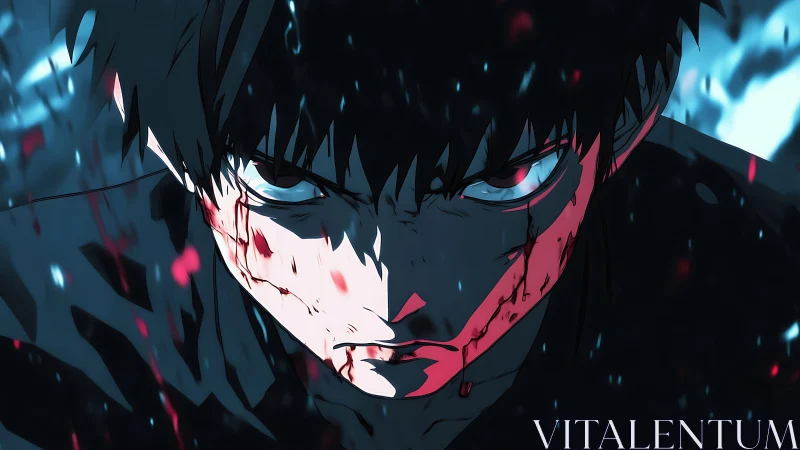Focused anime character portrait with blood and dark tones.