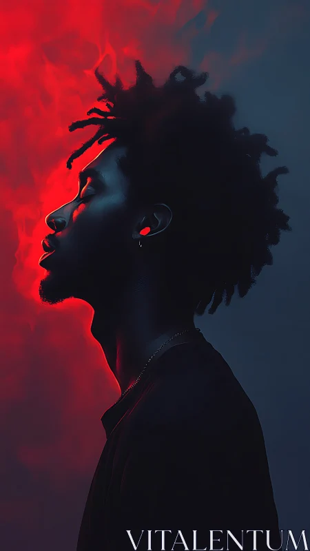 Moody side profile glows warmly in vivid red and blue light