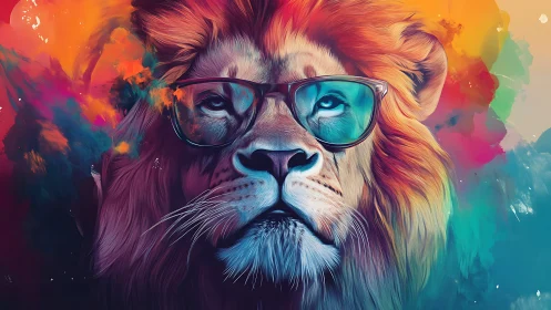 Stylized lion portrait with glasses in vivid abstract colors.