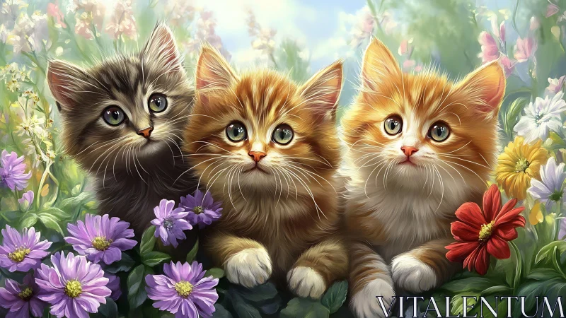 Three young cats positioned in flowering garden setting with varied coat coloration.