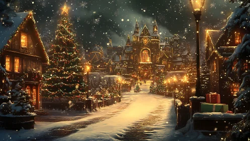 Snowy village street with illuminated Christmas decor.