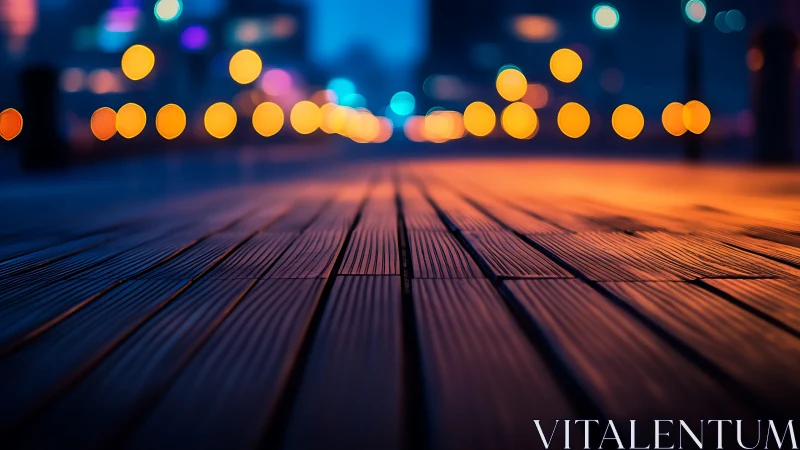 Low-angle city boardwalk under shallow depth of field bokeh lighting