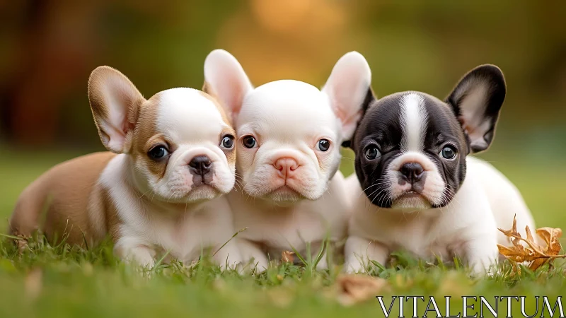 Photorealistic trio of French bulldog puppies in shallow focus.