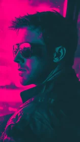 Neon-lit man in sunglasses over vivid magenta backdrop.