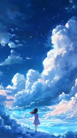 Girl stands on cloud edge under vast blue sky of clouds