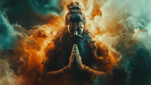 Mystic yogi in flaming cosmic aura bows in silent prayer.