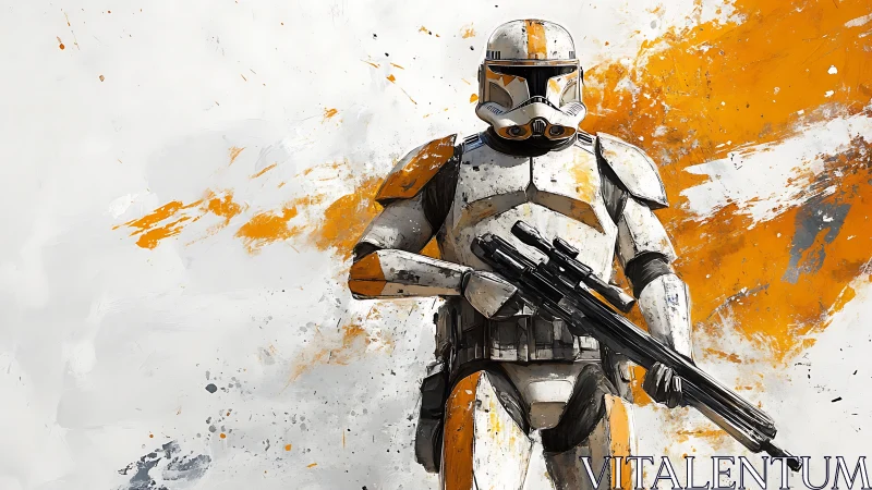 Digital painting of armored sci‑fi trooper with orange splashes.