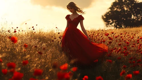 Woman in flowing red dress walking through poppy field.