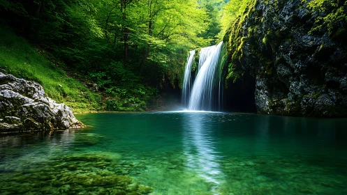 Emerald forest waterfall pool under bright spring canopy.