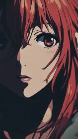 Half-lit red-haired heroine caught in quiet, burning thought.