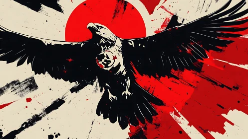 Stylized eagle silhouette overlaps red sun and radial strokes