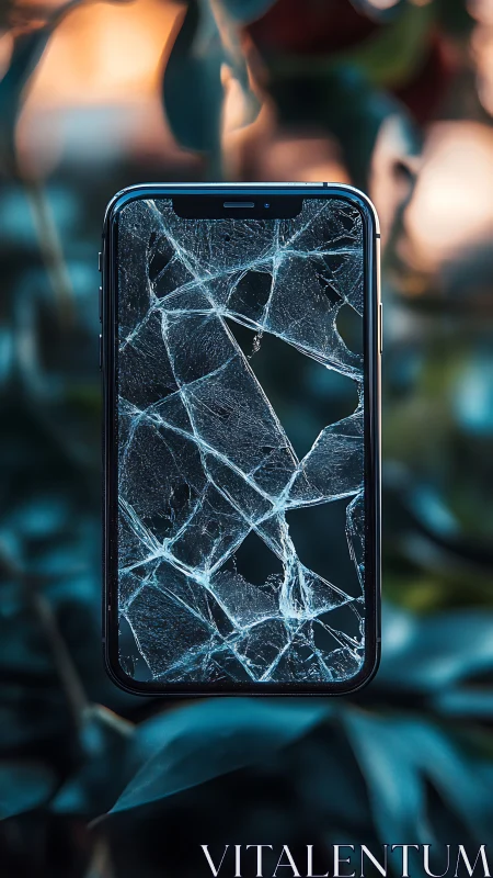 Cracked smartphone screen hangs amid moody teal foliage