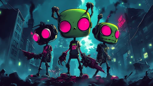 Neon eyed alien misfits stalk a smoky cyberpunk backstreet.