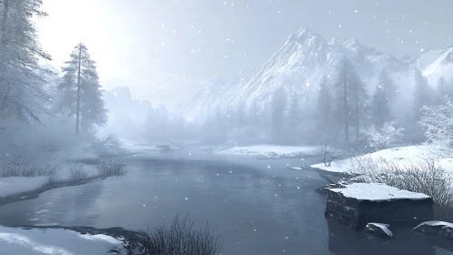 Snow-covered river valley with distant mountain range.