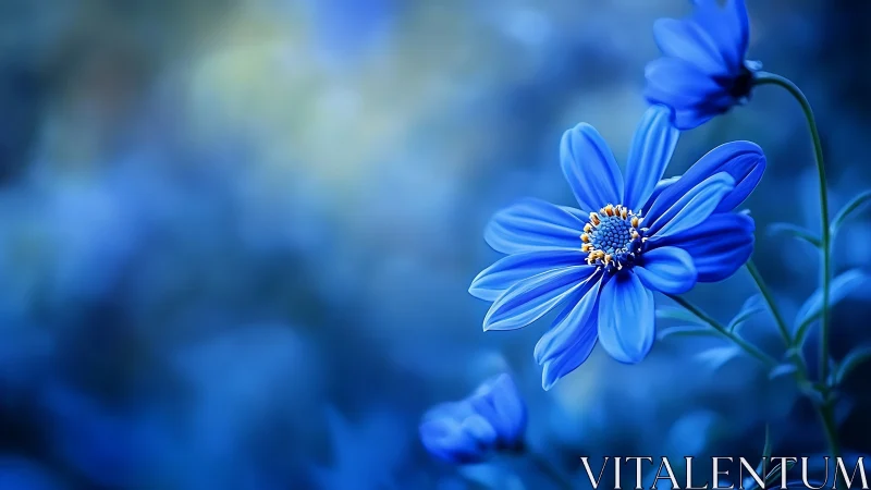 Blue Daisy Flowers with Golden Center Detail.