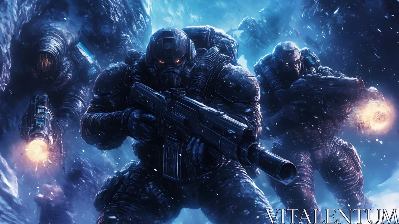 Armored soldiers advancing through frozen combat zone.