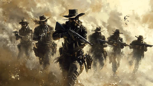 Digital painting of tactical cowboys in advancing dust formation.