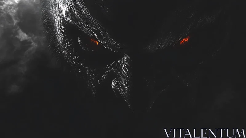 Demonic face emerges from darkness with burning red eyes