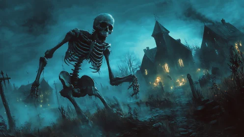 Giant skeleton stalks a haunted village in eerie blue fog