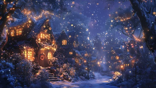 Snowy twilight village street with warm cottage illumination