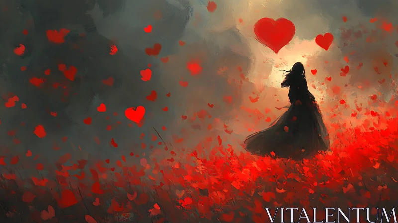 Woman in Red Heart Field at Dawn.