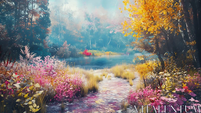 High-saturation autumn forest pond rendered with atmospheric depth